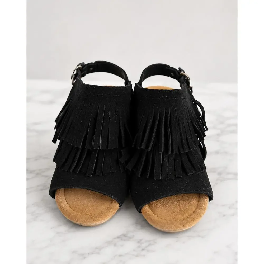 Minnetonka Ashley Fringe Espadrille Wedge Sandals Black Leather Sz 9